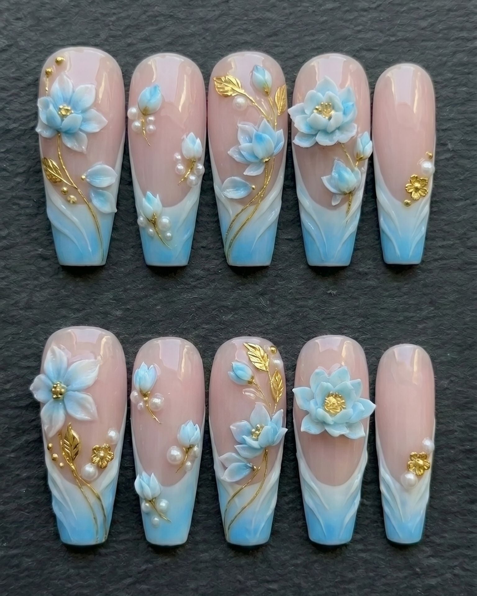 3D Blue Floral Press-On Nails | Pearl & Gold Vine | Coffin Long | Custom Press-On Nails — LuxepressCo