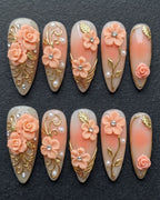 3D Floral Rose & Gold Filigree Press-On Nails | Peach Coral Almond Stiletto | Custom Press-On Nails — LuxepressCo