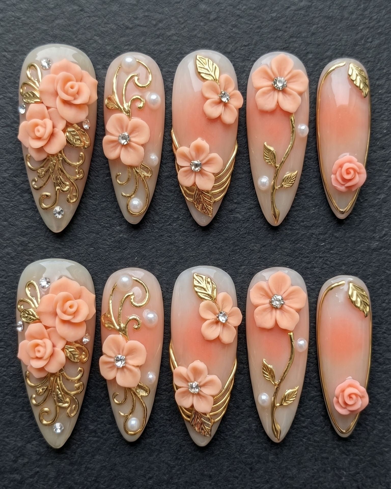 3D Floral Rose & Gold Filigree Press-On Nails | Peach Coral Almond Stiletto | Custom Press-On Nails — LuxepressCo