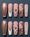 Rose Gold Chrome & 3D Floral Press-On Nails | Blush Pink Coffin | Custom Press-On Nails | LuxepressCo
