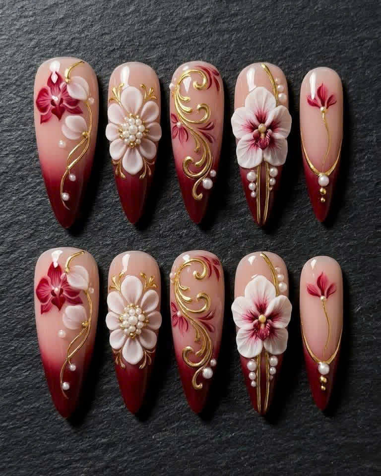 Crimson Orchid 3D Gold Filigree Press-On Nails | Custom Press-On Nails | LuxepressCo