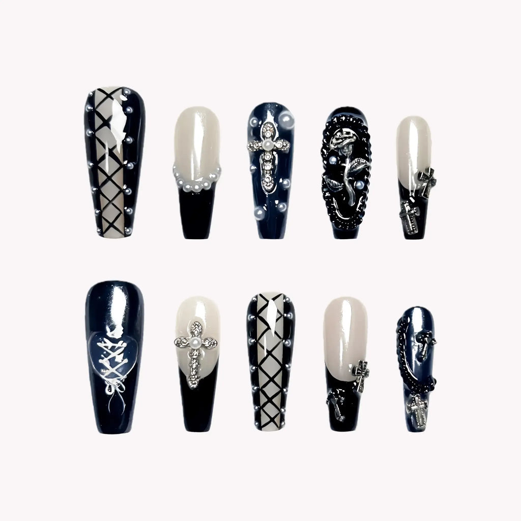 Gothic Corset Press-On Nails | Coffin Long | 3D Silver Cross Pearl Black | LuxepressCo