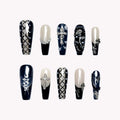 Gothic Corset Press-On Nails | Coffin Long | 3D Silver Cross Pearl Black | LuxepressCo