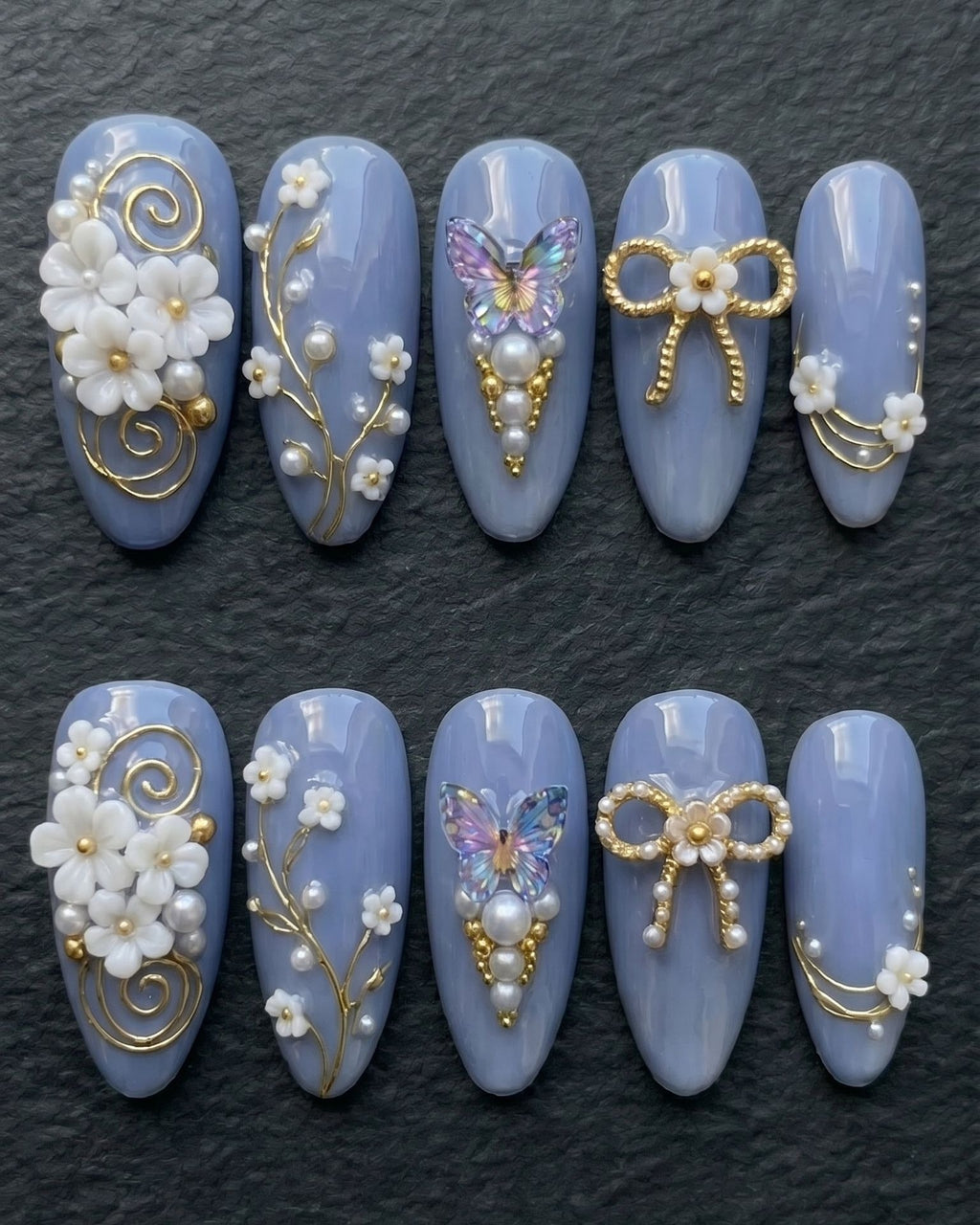 3D Butterfly & Floral Pearl Almond Press-On Nails | Periwinkle Blue | Custom Press-On Nails — LuxepressCo