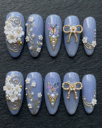 3D Butterfly & Floral Pearl Almond Press-On Nails | Periwinkle Blue | Custom Press-On Nails — LuxepressCo