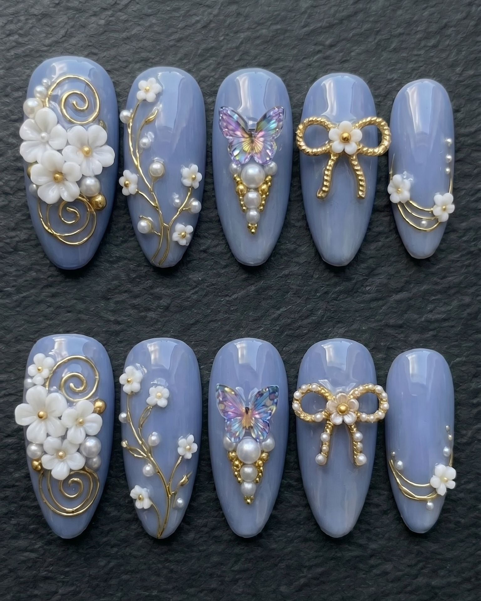3D Butterfly & Floral Pearl Almond Press-On Nails | Periwinkle Blue | Custom Press-On Nails — LuxepressCo
