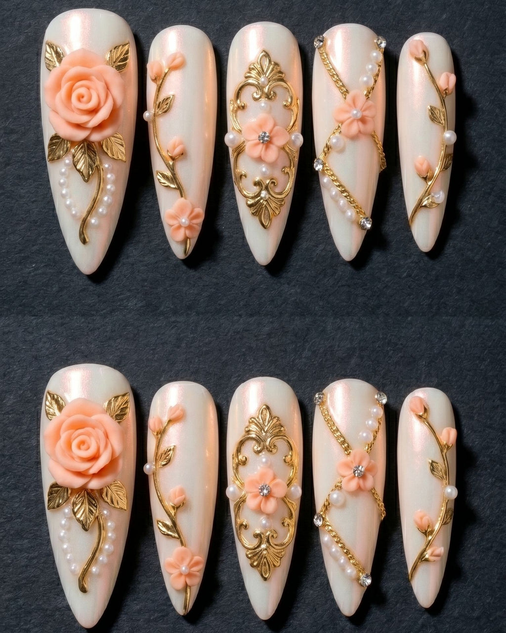 3D Rose & Gold Baroque Press-On Nails | Peach Floral Stiletto | Custom Press-On Nails | LuxepressCo
