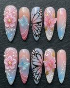 3D Butterfly & Floral Aurora Press-On Nails | Custom Press-On Nails | LuxepressCo
