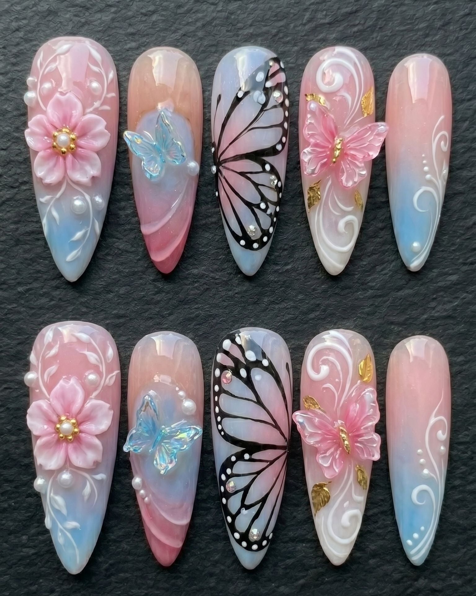 3D Butterfly & Floral Aurora Press-On Nails | Custom Press-On Nails | LuxepressCo