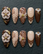 3D Floral Baroque Press-On Nails | Brown & Gold Luxury Almond Nails | Custom Press-On Nails — LuxepressCo