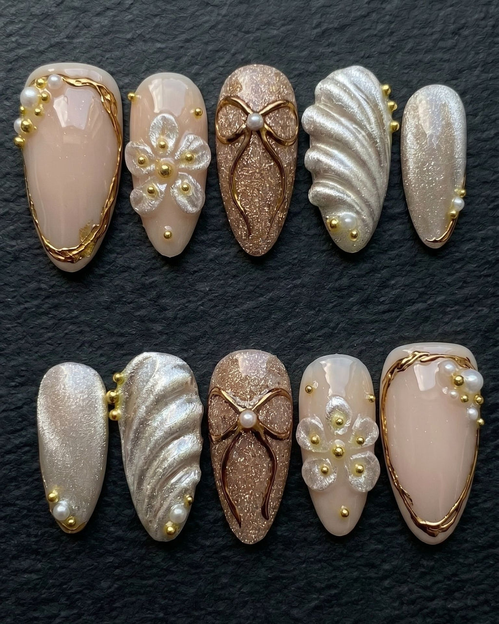 Pearl Bow & Chrome Wave Press-On Nails | 3D Luxury Nail Set | Custom Press-On Nails — LuxepressCo