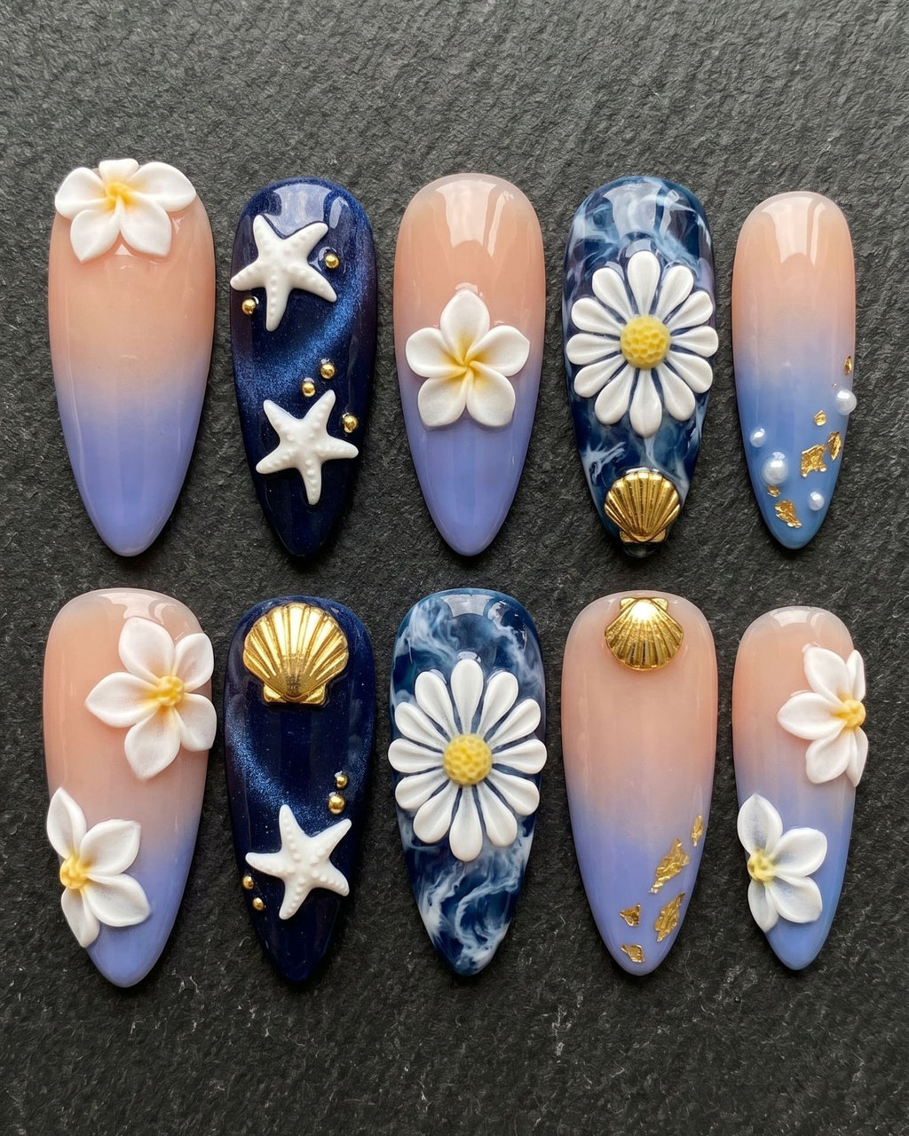 3D Ocean Blossom Press-On Nails | Starfish Daisy Plumeria Almond Nails | Custom Press-On Nails