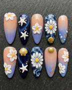 3D Ocean Blossom Press-On Nails | Starfish Daisy Plumeria Almond Nails | Custom Press-On Nails