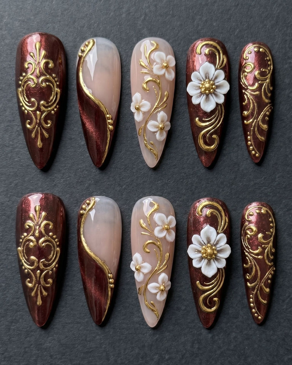 Baroque Burgundy Gold 3D Floral Press-On Nails | Custom Press-On Nails