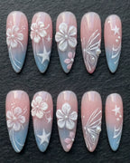 3D Floral Pearl Butterfly Press-On Nails | Pink Blue Ombre Almond | Custom Press-On Nails | LuxepressCo