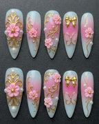 3D Pink Floral Gold Filigree Stiletto Press-On Nails | Custom Press-On Nails | LuxepressCo