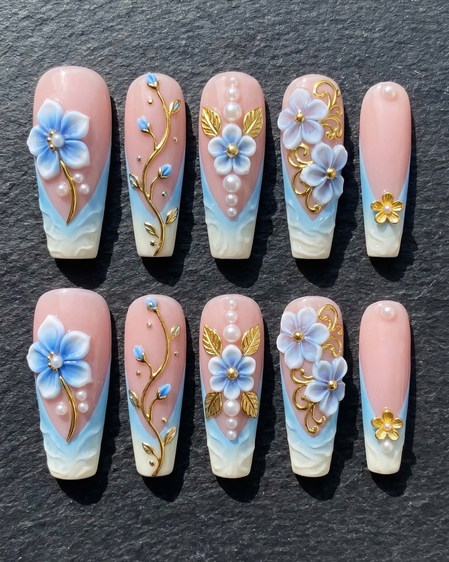 Blue 3D Floral Gold Leaf Pearl Coffin Press-On Nails | Custom Press-On Nails | LuxepressCo