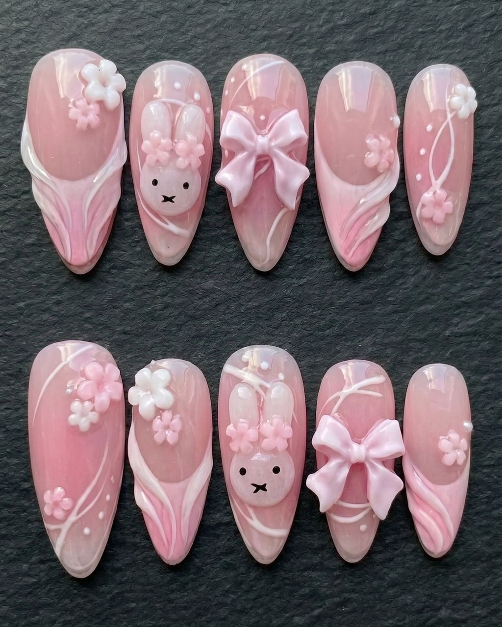 3D Pink Bunny Blossom Press-On Nails | Coquette Bow & Flower | Custom Press-On Nails | LuxepressCo