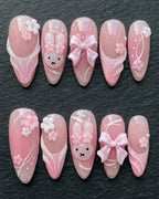 3D Pink Bunny Blossom Press-On Nails | Coquette Bow & Flower | Custom Press-On Nails | LuxepressCo