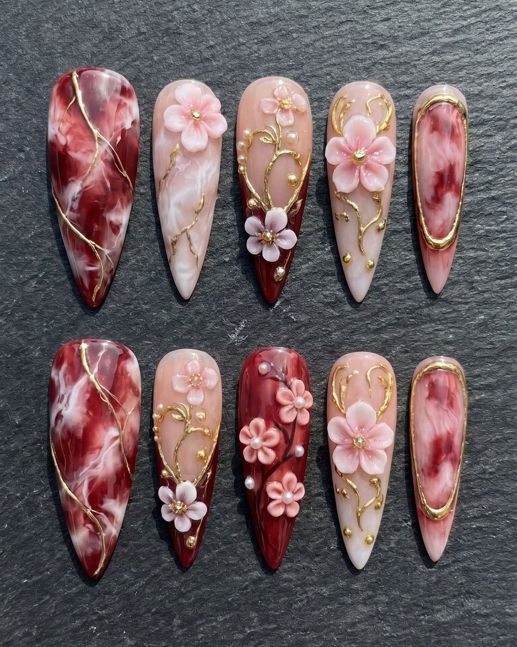 Burgundy Marble 3D Cherry Blossom Press-On Nails | Custom Press-On Nails