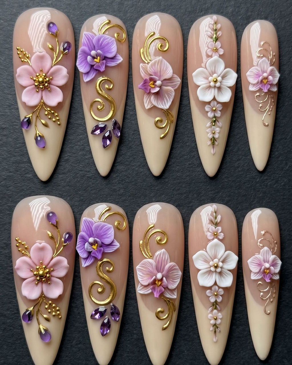 3D Floral Orchid & Crystal Press-On Nails | Nude Stiletto | Custom Press-On Nails | LuxepressCo