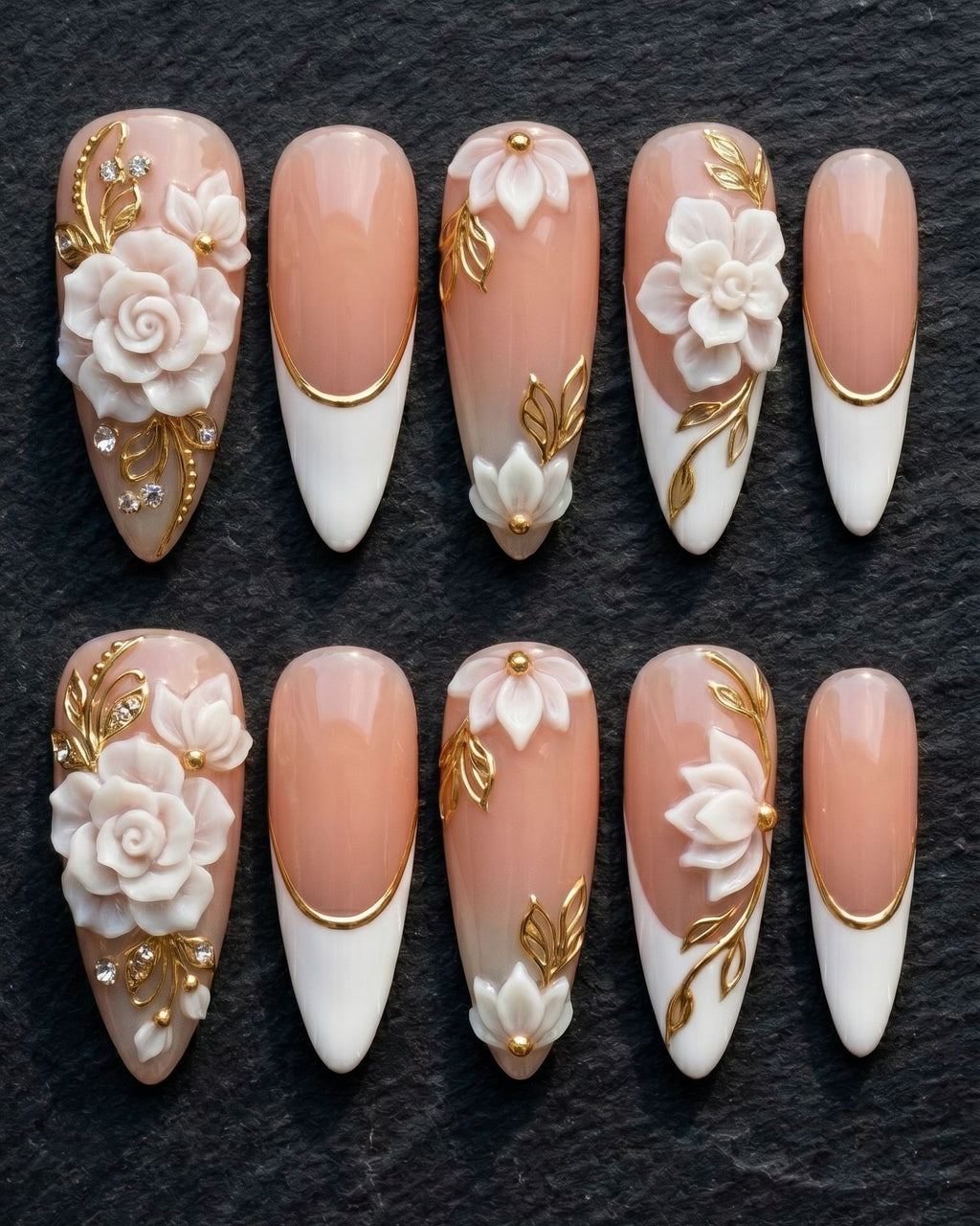 3D White Rose & Gold Leaf Press-On Nails | Bridal Luxury Custom Press-On Nails | LuxepressCo
