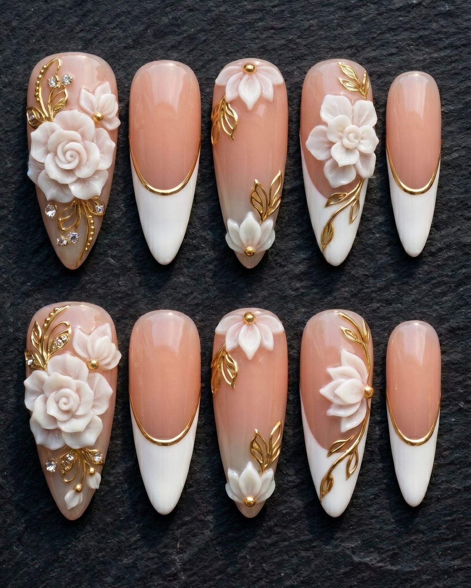 3D White Rose & Gold Leaf Press-On Nails | Bridal Luxury Custom Press-On Nails | LuxepressCo
