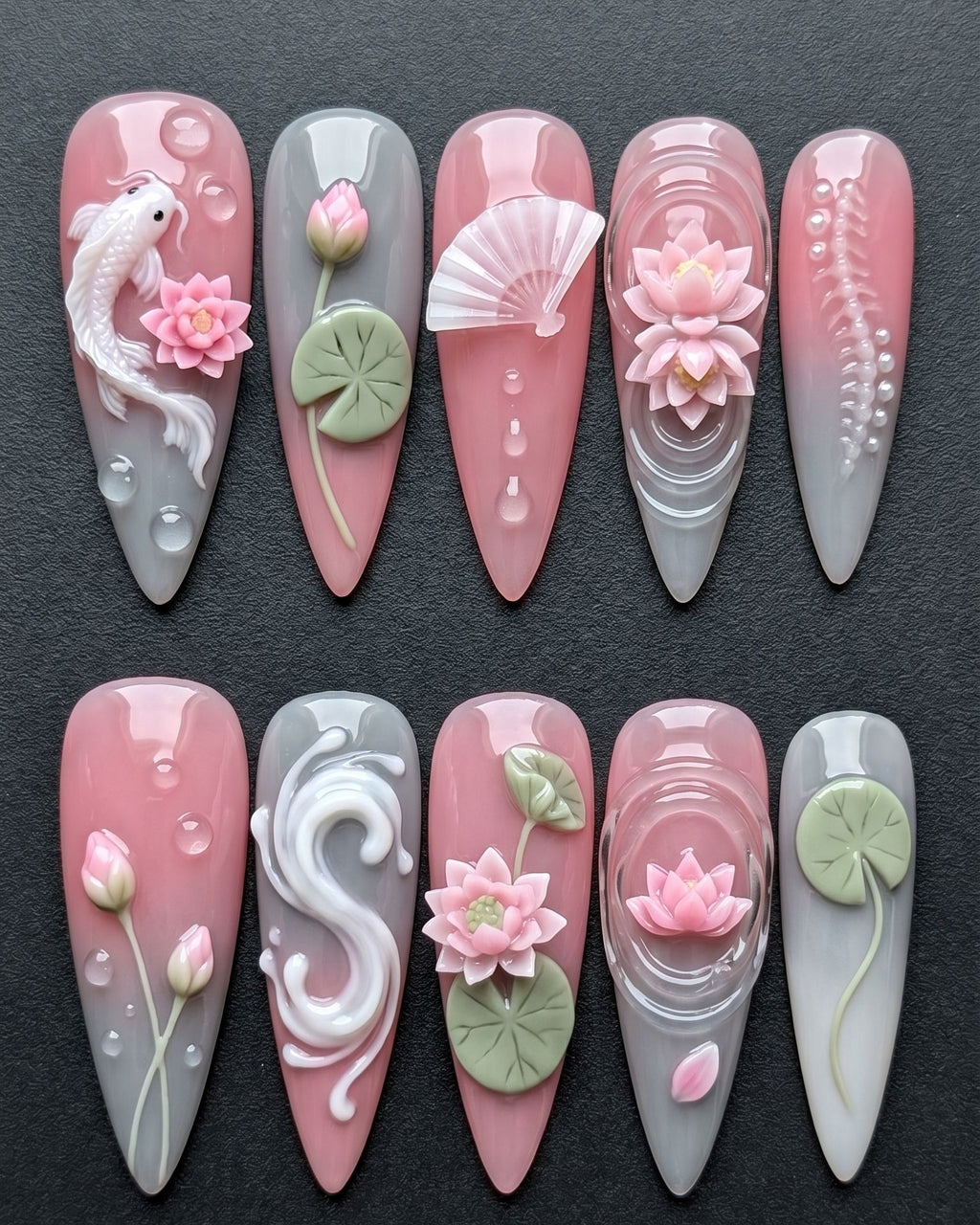 3D Lotus Koi Press-On Nails | Pink Gray Almond | Custom Press-On Nails | LuxepressCo