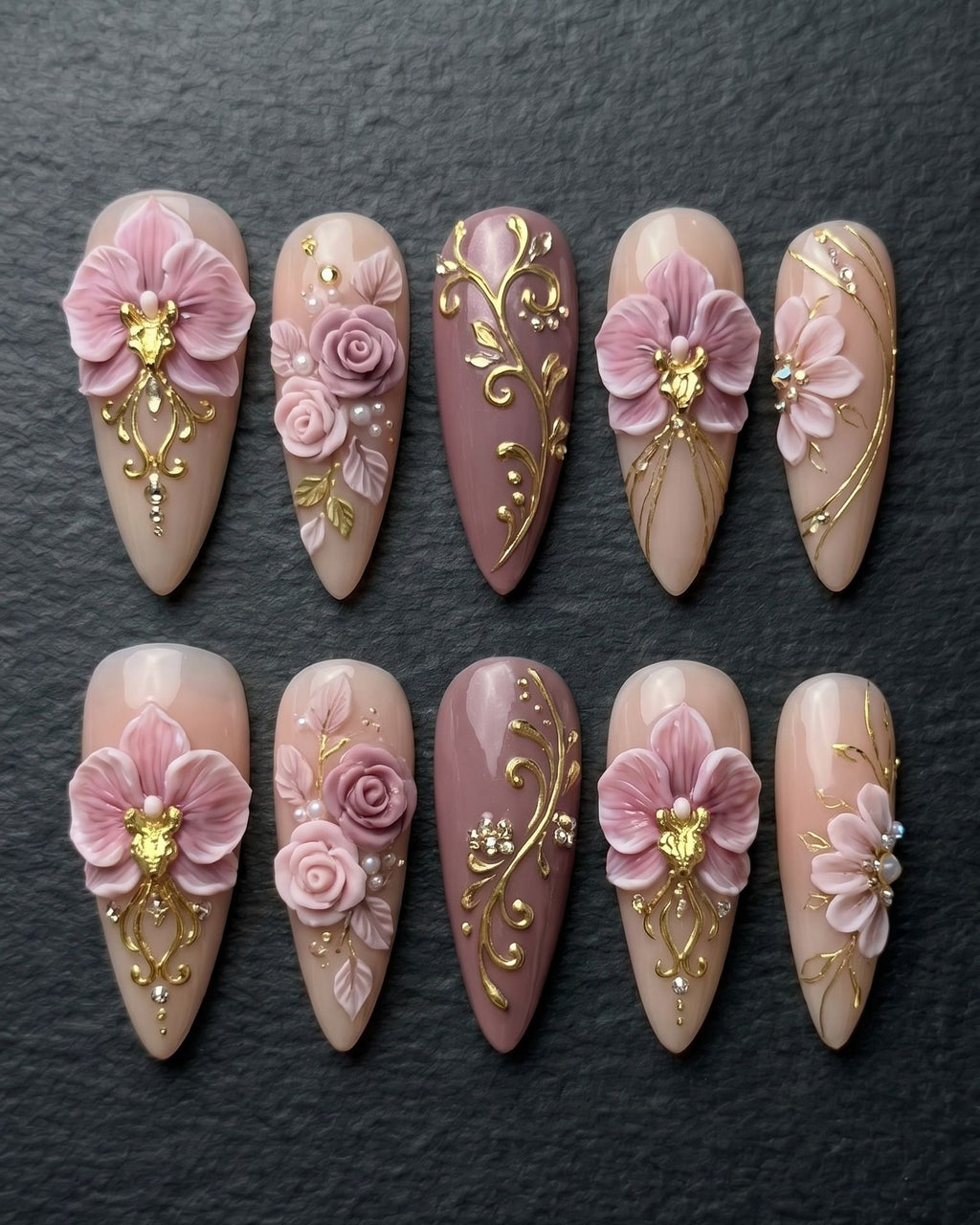 3D Floral Press-On Nails | Pink Orchid Rose Gold Filigree Rhinestone | Custom Press-On Nails — LuxepressCo