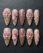 3D Floral Press-On Nails | Pink Orchid Rose Gold Filigree Rhinestone | Custom Press-On Nails — LuxepressCo