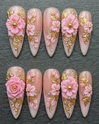 3D Pink Floral & Gold Vine Press-On Nails | Stiletto Long | Custom Press-On Nails | LuxepressCo