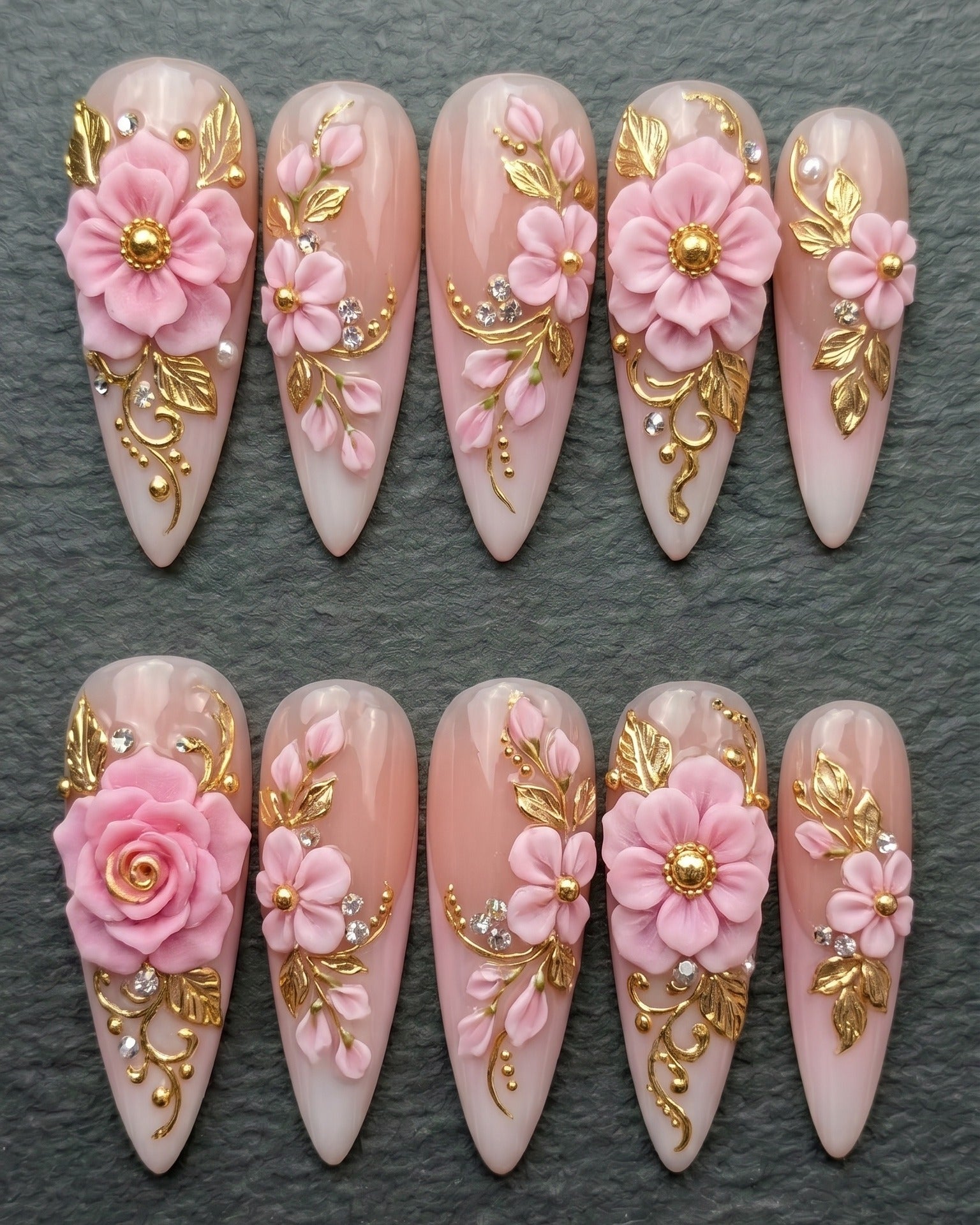 3D Pink Floral & Gold Vine Press-On Nails | Stiletto Long | Custom Press-On Nails | LuxepressCo