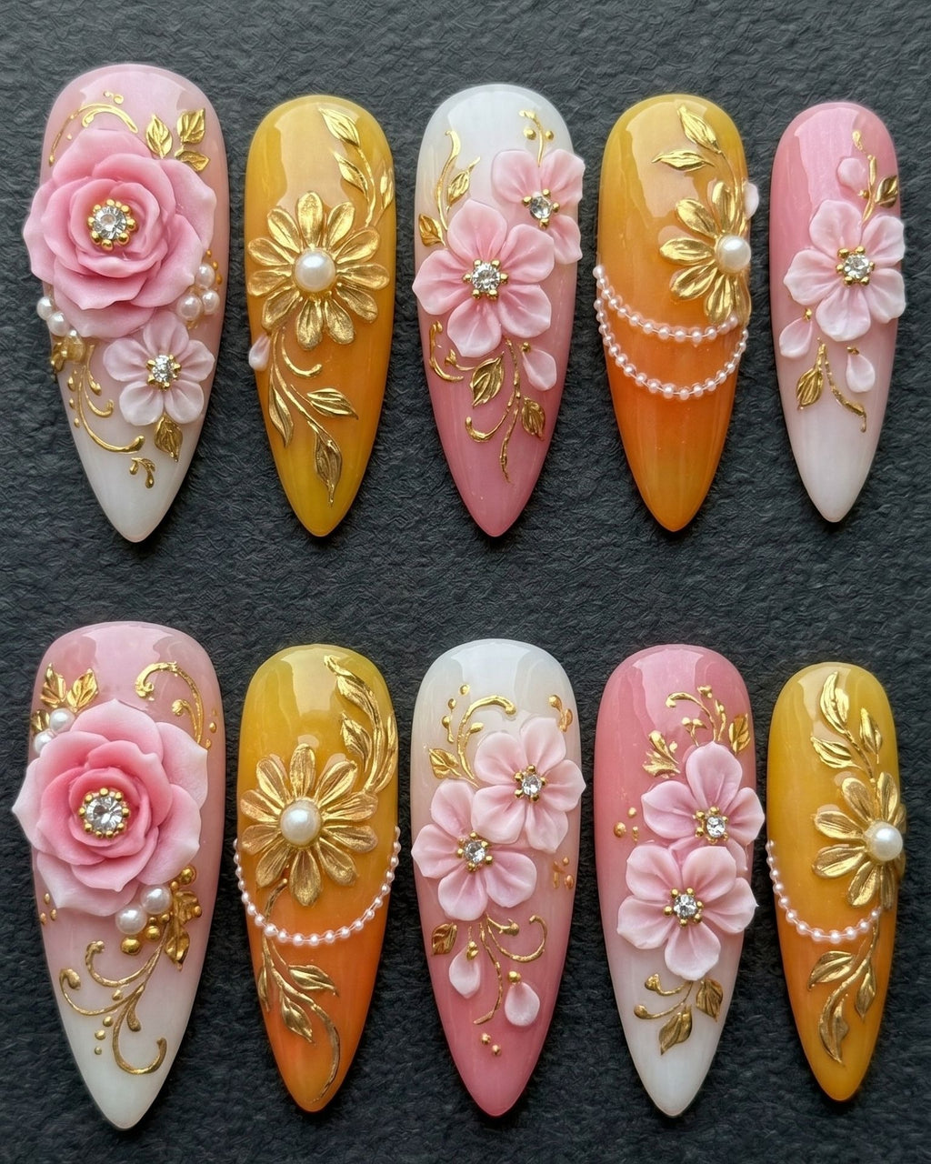 3D Floral Pearl Rhinestone Press-On Nails | Pink Gold Almond | Custom Press-On Nails | LuxepressCo