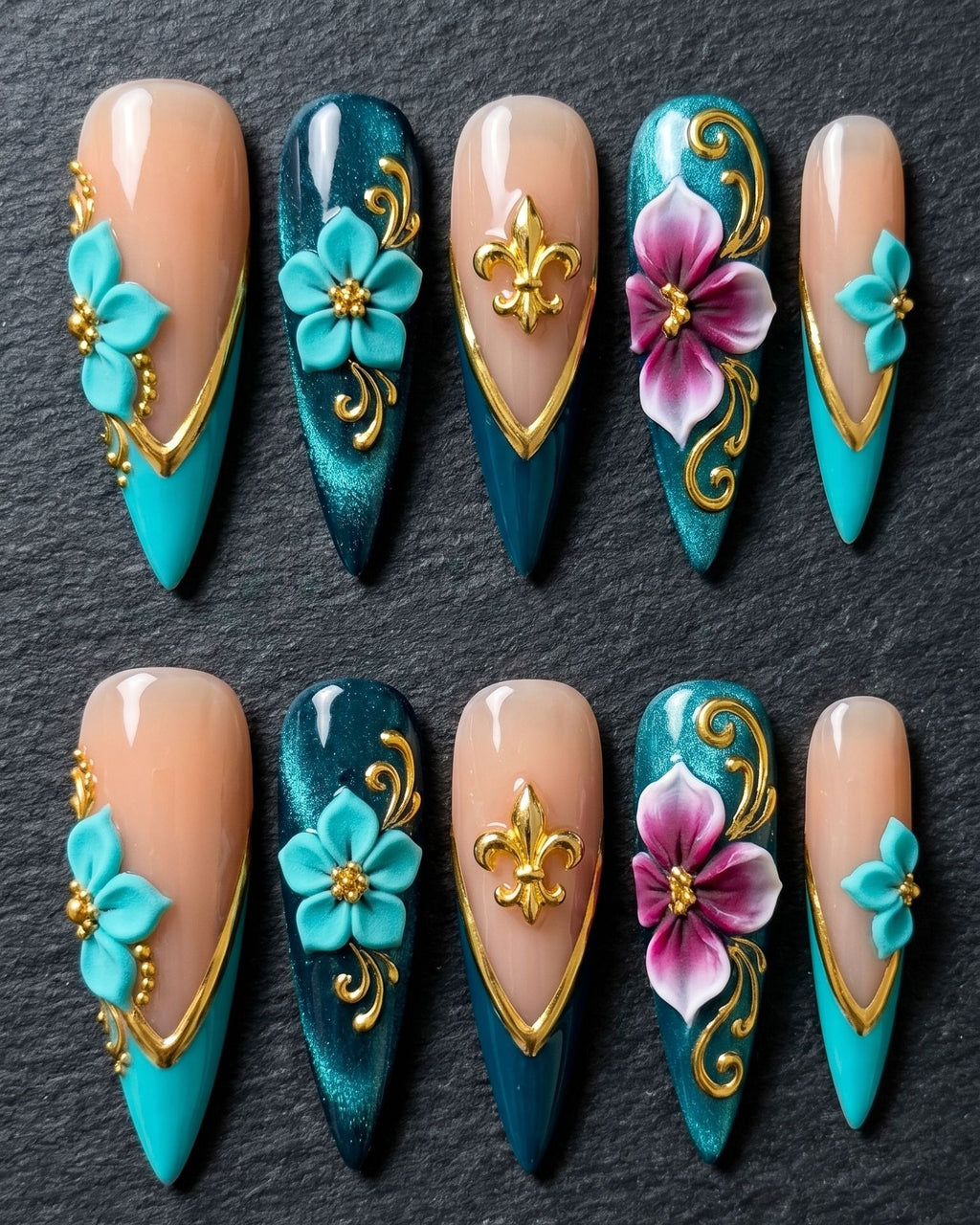 3D Floral Baroque Press-On Nails | Teal Gold Stiletto | Custom Press-On Nails | LuxepressCo