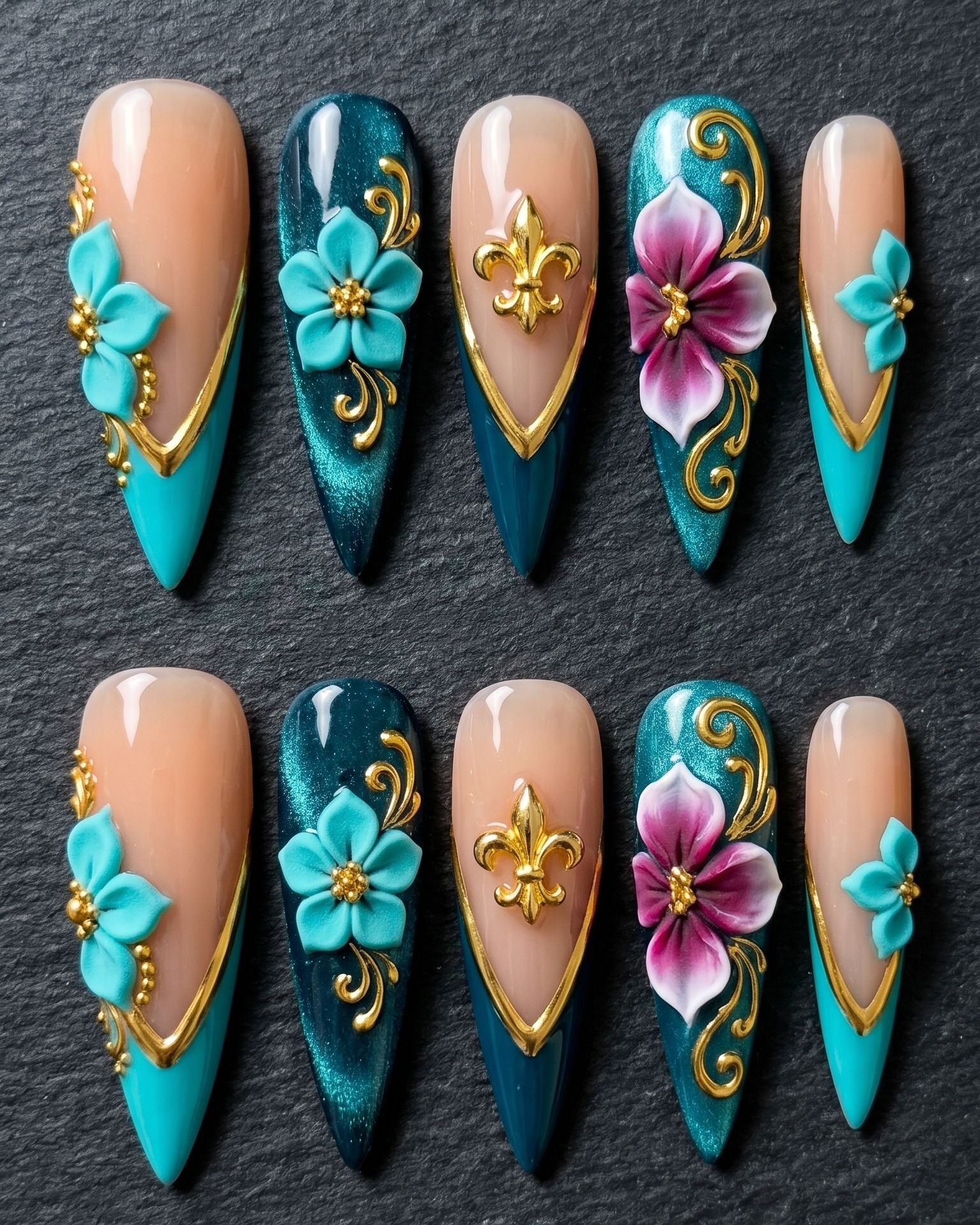 3D Floral Baroque Press-On Nails | Teal Gold Stiletto | Custom Press-On Nails | LuxepressCo