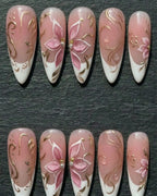 Pink Magnolia & Gold Filigree Press-On Nails | Dusty Rose Floral | Custom Press-On Nails — LuxepressCo