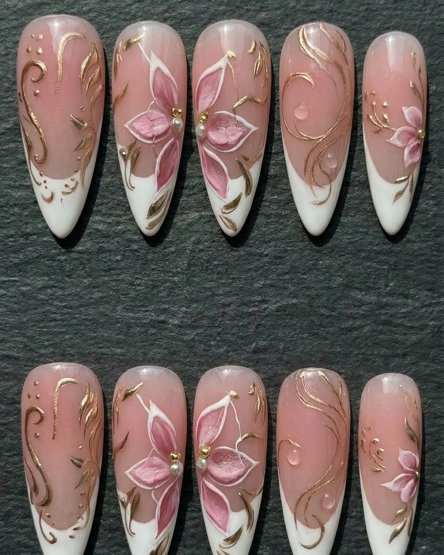 Pink Magnolia & Gold Filigree Press-On Nails | Dusty Rose Floral | Custom Press-On Nails — LuxepressCo