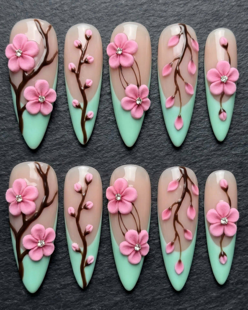 3D Cherry Blossom Mint Green Ombre Press-On Nails | Custom Press-On Nails | LuxepressCo