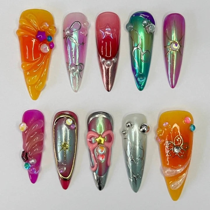 Multicolor Chrome Holographic 3D Press-On Nails | Custom Press-On Nails