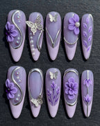 Lavender Purple 3D Floral Silver Butterfly Press-On Nails | Custom Press-On Nails | LuxepressCo
