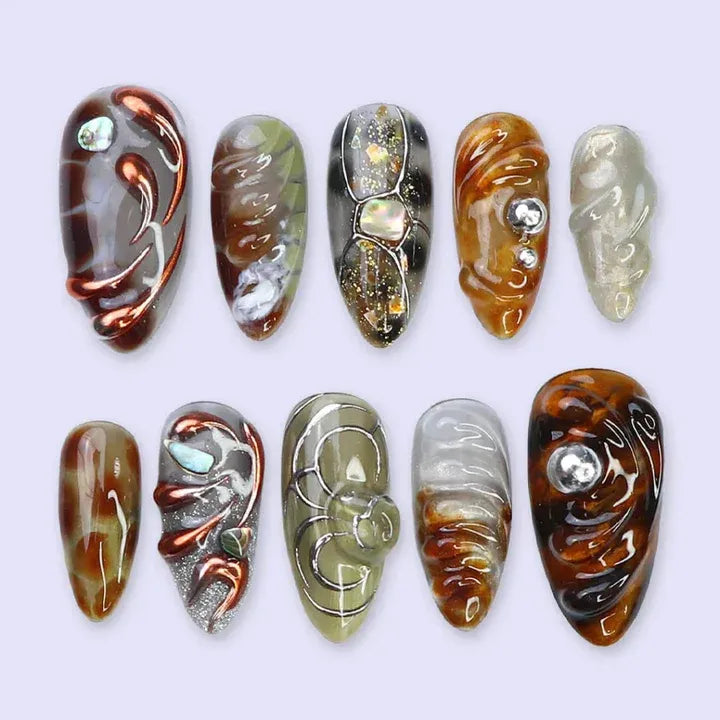 Tortoiseshell Amber 3D Swirl Almond Press-On Nails | Custom Press-On Nails