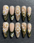 3D Daisy & Gold Vine Press-On Nails | Floral Pearl Almond Nails | Custom Press-On Nails — LuxepressCo