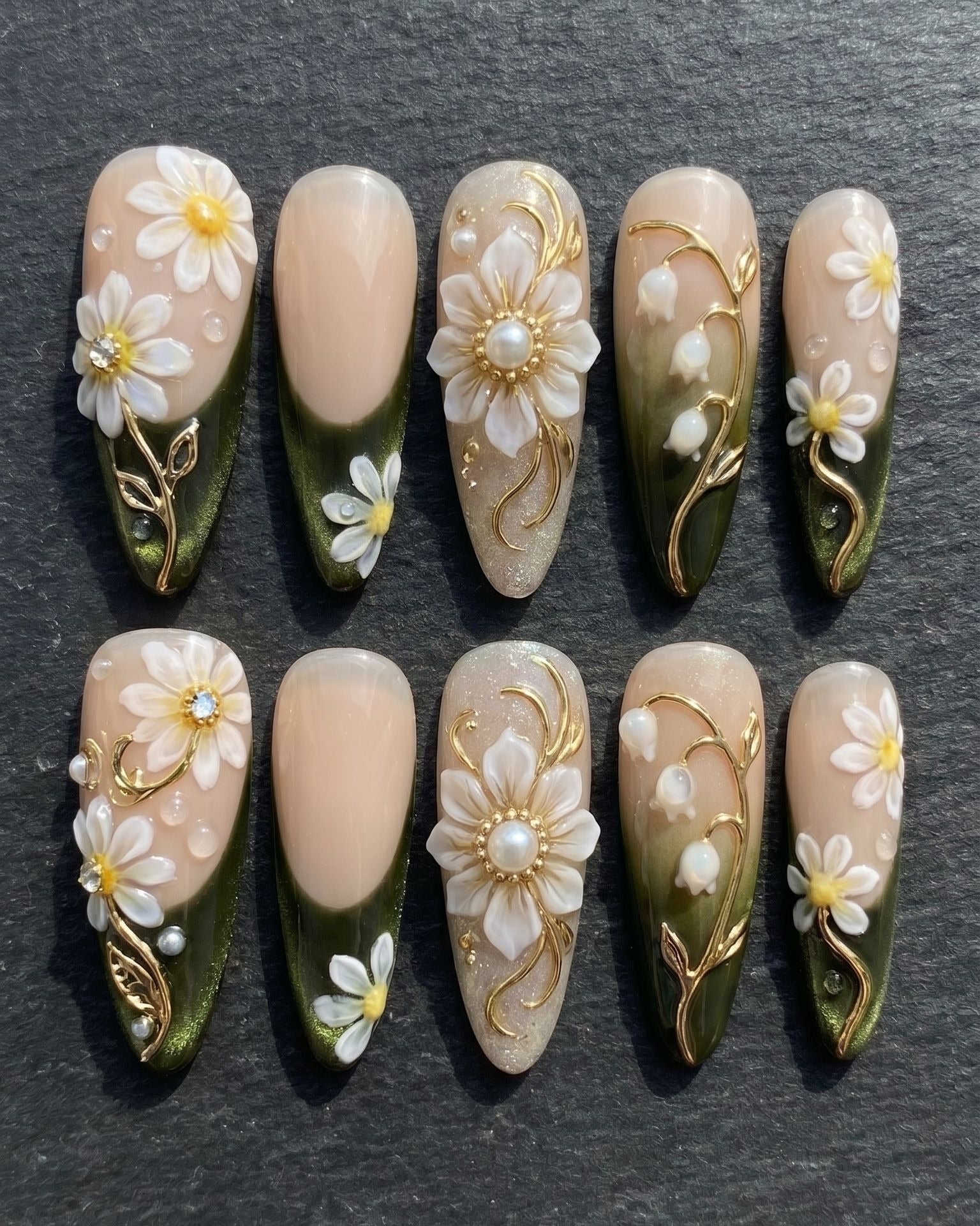 3D Daisy & Gold Vine Press-On Nails | Floral Pearl Almond Nails | Custom Press-On Nails — LuxepressCo
