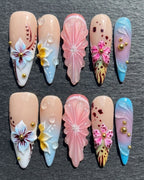 3D Floral Sculptured Almond Press-On Nails | Orchid Bow Coquette | Custom Press-On Nails