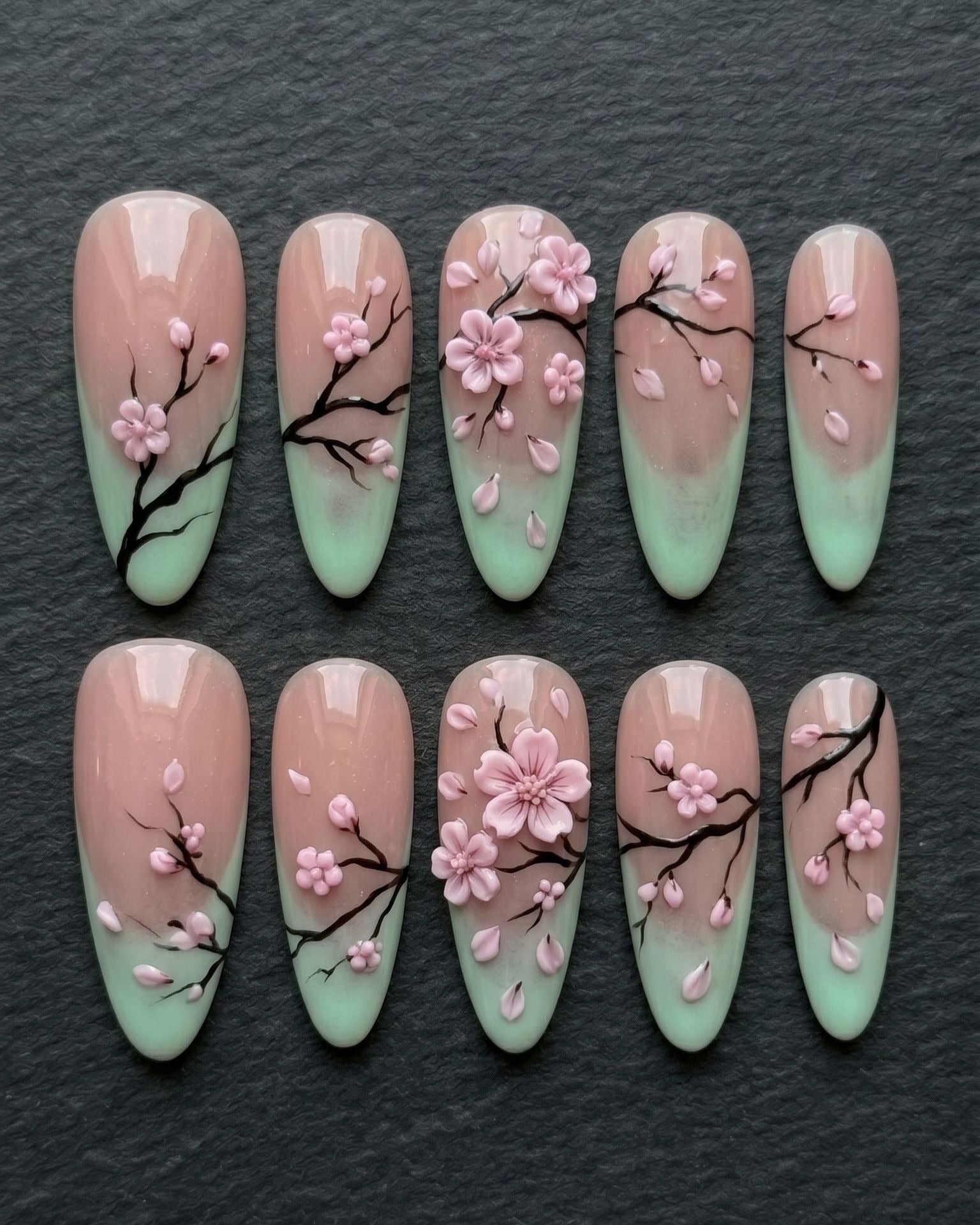 3D Sakura Cherry Blossom Press-On Nails | Mint Green Gradient | Custom Press-On Nails — LuxepressCo