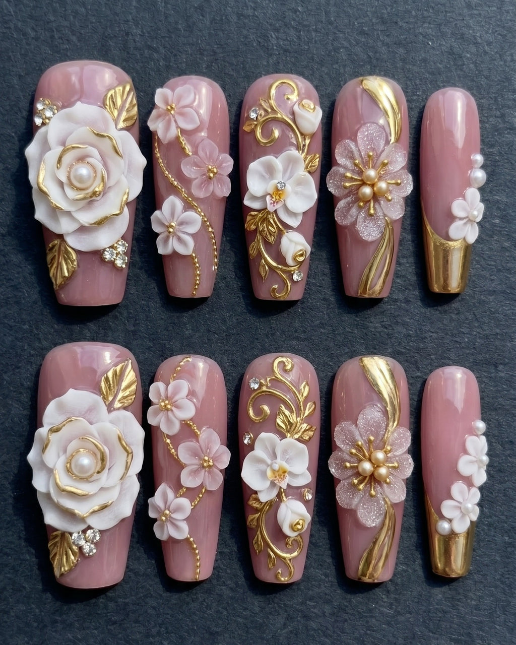 3D Floral Gold Pearl Press-On Nails | Mauve Pink Bridal Coffin Nails | Custom Press-On Nails | LuxepressCo