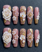 3D Floral Gold Pearl Press-On Nails | Mauve Pink Bridal Coffin Nails | Custom Press-On Nails | LuxepressCo