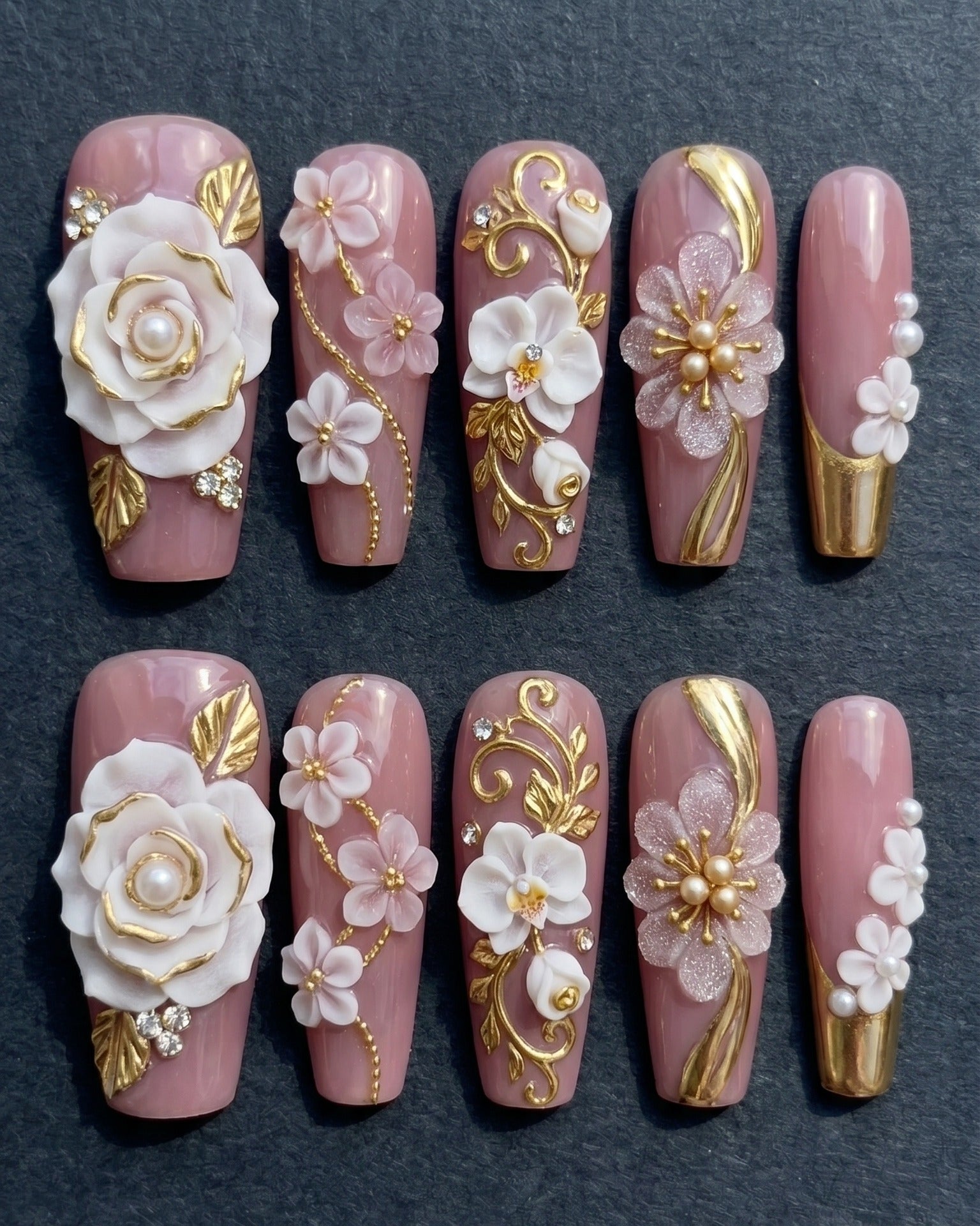 3D Floral Gold Pearl Press-On Nails | Mauve Pink Bridal Coffin Nails | Custom Press-On Nails | LuxepressCo