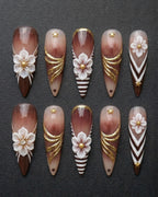 3D Floral Gold Foil Press-On Nails Brown Ombre Stiletto | Custom Press-On Nails | LuxepressCo