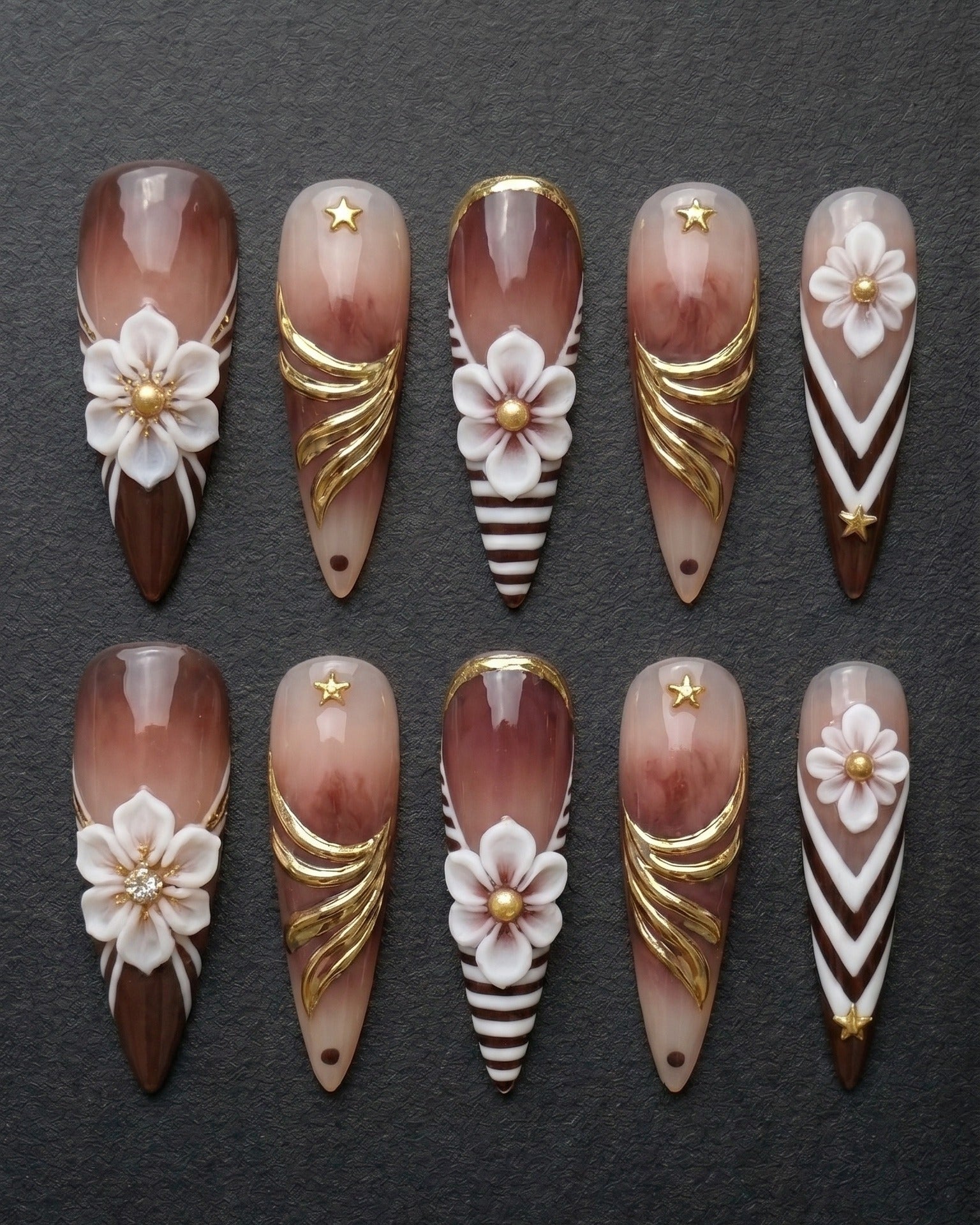 3D Floral Gold Foil Press-On Nails Brown Ombre Stiletto | Custom Press-On Nails | LuxepressCo
